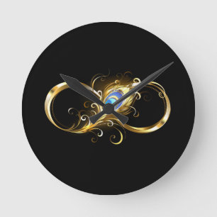 Infinity with Golden Peacock Feather Round Clock