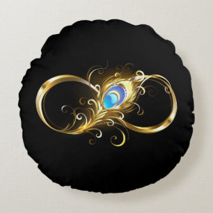 Infinity with Golden Peacock Feather Round Cushion
