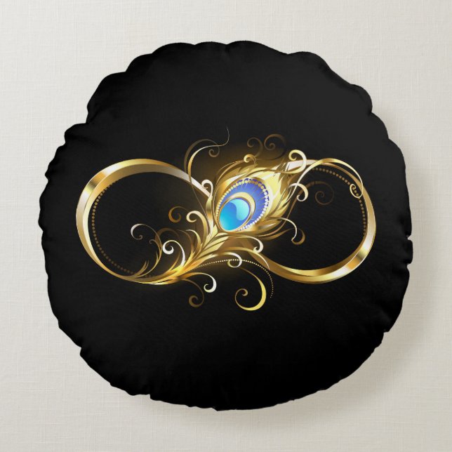 Infinity with Golden Peacock Feather Round Cushion (Front)