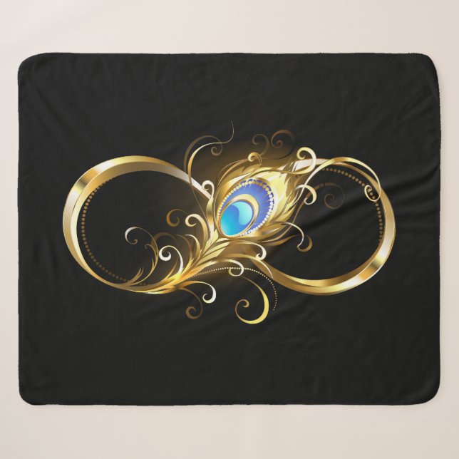 Infinity with Golden Peacock Feather Sherpa Blanket (Front (Horizontal))