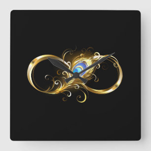 Infinity with Golden Peacock Feather Square Wall Clock