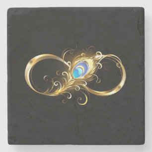 Infinity with Golden Peacock Feather Stone Coaster