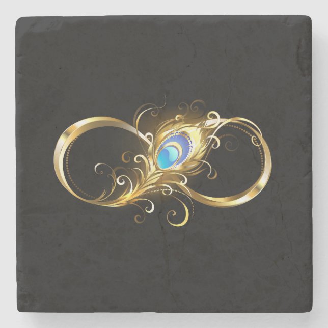 Infinity with Golden Peacock Feather Stone Coaster (Front)