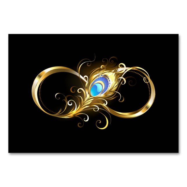 Infinity with Golden Peacock Feather Table Number (Front)