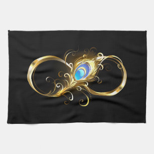 Infinity with Golden Peacock Feather Tea Towel