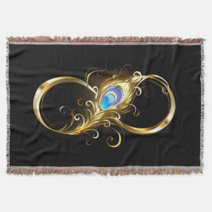 Infinity with Golden Peacock Feather Throw Blanket