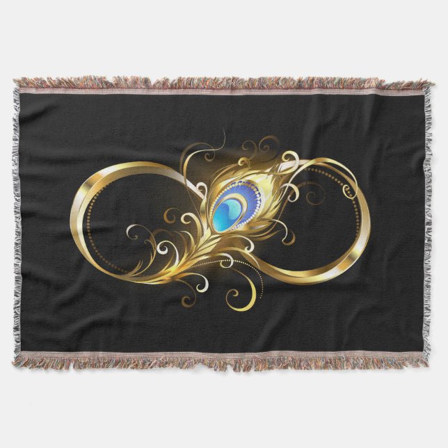 Infinity with Golden Peacock Feather Throw Blanket (Front)