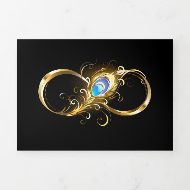 Infinity with Golden Peacock Feather Tri-Fold Invitation (Cover)