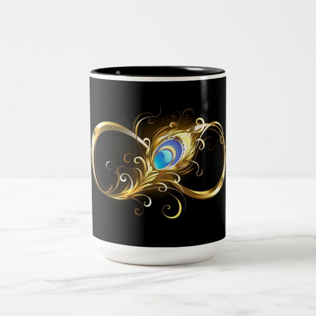 Infinity with Golden Peacock Feather Two-Tone Coffee Mug (Center)