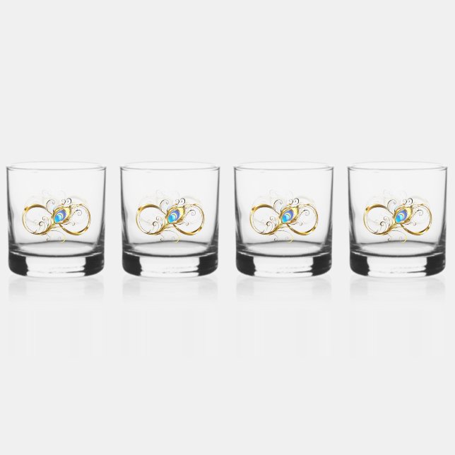 Infinity with Golden Peacock Feather Whiskey Glass (Front)