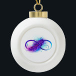 Infinity with Purple Feather Ceramic Ball Christmas Ornament<br><div class="desc">Infinity symbol with a beautiful feather painted in purple and blue bright colours on white background.</div>
