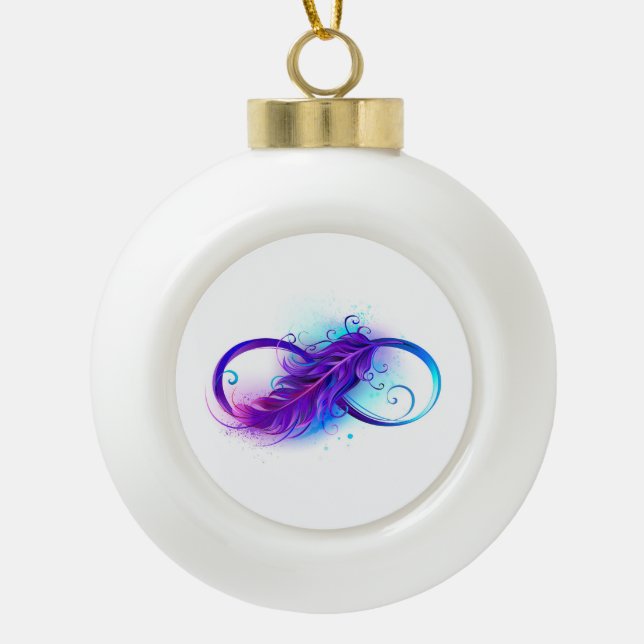Infinity with Purple Feather Ceramic Ball Christmas Ornament (Front)