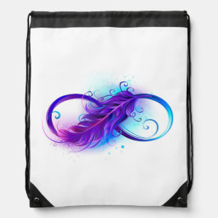 Infinity with Purple Feather Drawstring Bag