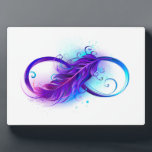 Infinity with Purple Feather Plaque<br><div class="desc">Infinity symbol with a beautiful feather painted in purple and blue bright colours on white background.</div>