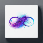 Infinity with Purple Feather Plaque<br><div class="desc">Infinity symbol with a beautiful feather painted in purple and blue bright colours on white background.</div>
