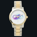 Infinity with Purple Feather Watch<br><div class="desc">Infinity symbol with a beautiful feather painted in purple and blue bright colours on white background.</div>