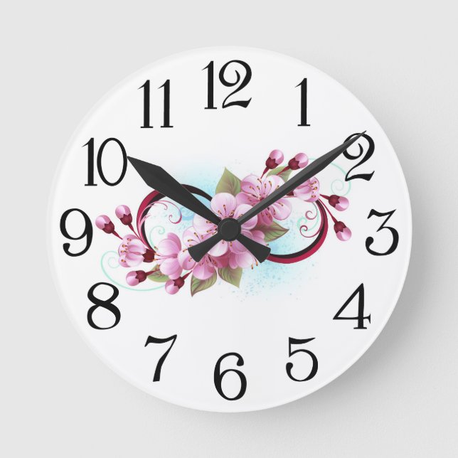 Infinity with Sakura Blossom Flowers Round Clock (Front)