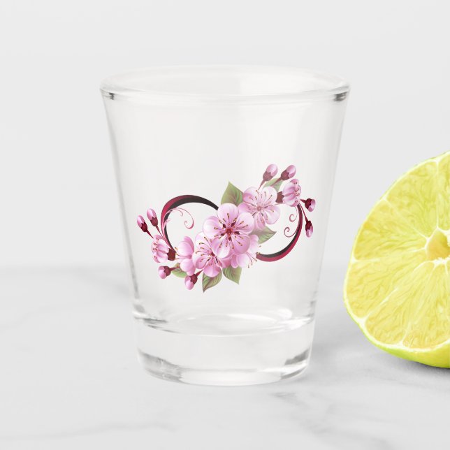 Infinity with Sakura Blossom Flowers Shot Glass (Front)