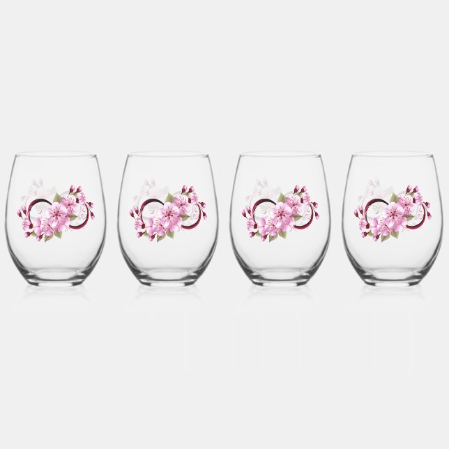Infinity with Sakura Blossom Flowers Stemless Wine Glass (Front)