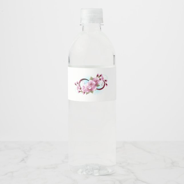 Infinity with Sakura Blossom Flowers Water Bottle Label (Front)