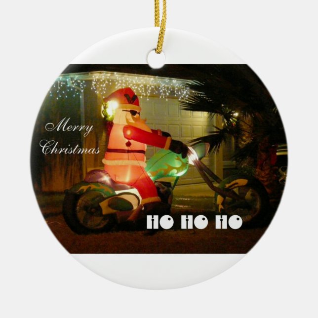 Inflatable Santa Rides a Motocycle Ceramic Tree Decoration (Front)