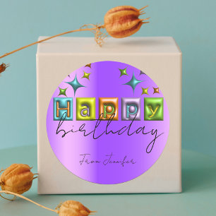 Inflated 3D Typography and Sparkles Happy Birthday Classic Round Sticker