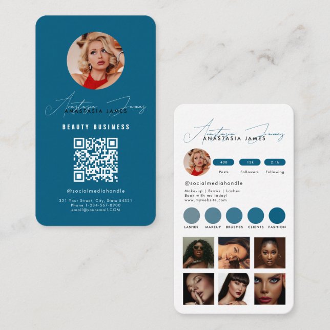 Influencer Feed Grid Social Media QR Code Blue Business Card (Front/Back)