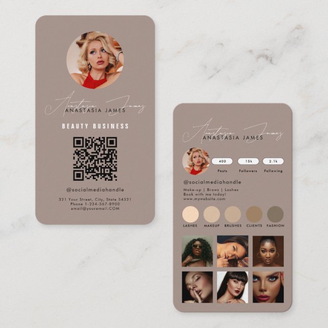 Influencer Feed Grid Social Media QR Code Brown Business Card (Front/Back)
