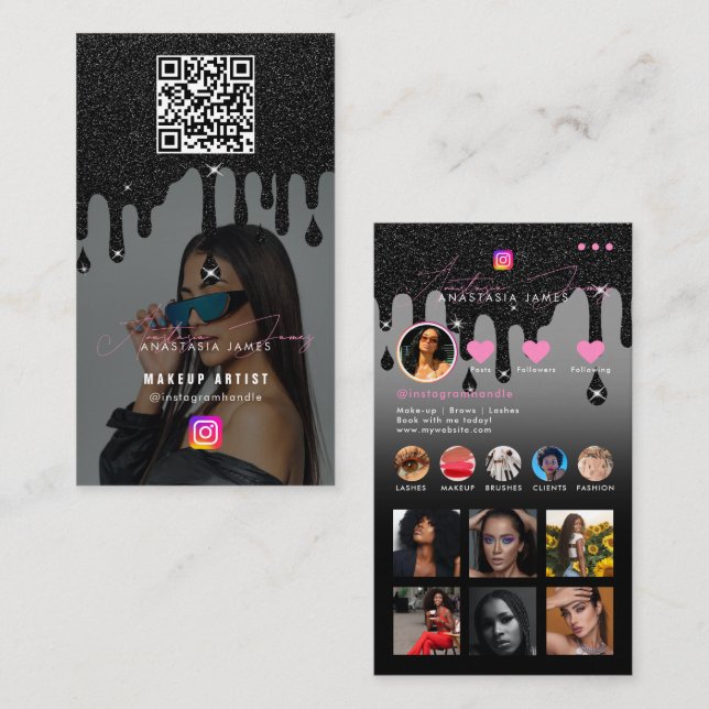 Influencer Photo Feed Social Media Black Glitter Business Card (Front/Back)