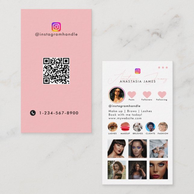 Influencer Photo Feed Social Media QR Code Pink Business Card (Front/Back)