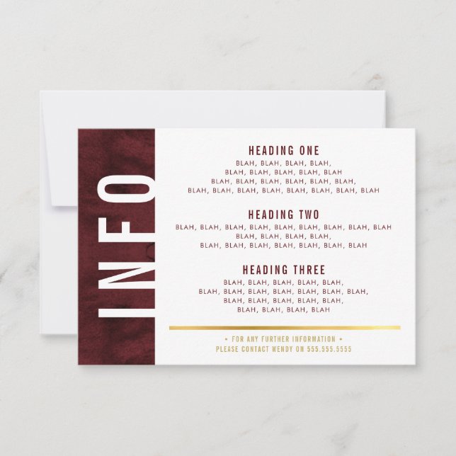 INFO DETAILS bold block modern red maroon gold RSVP Card (Front)