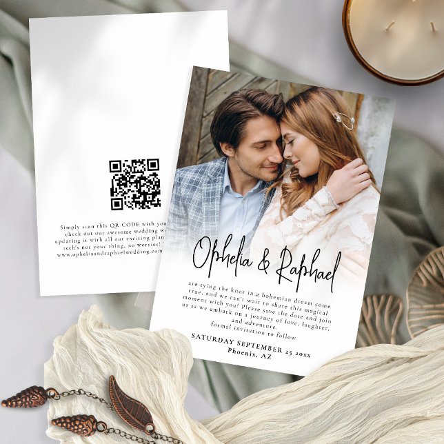 Informal Photo Overlay Script QR Code Boho Wedding Save The Date (Front and back view)