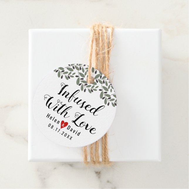 Infused with love calligraphy olive oil wedding favour tags (In Situ)