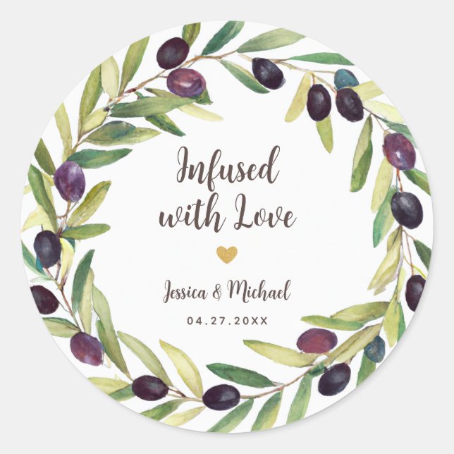 Infused with Love Wreath Olive Oil Wedding Favour Classic Round Sticker (Front)