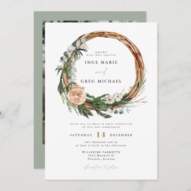 INGE Scandinavian Winter Christmas Wreath Wedding Invitation (Front/Back)