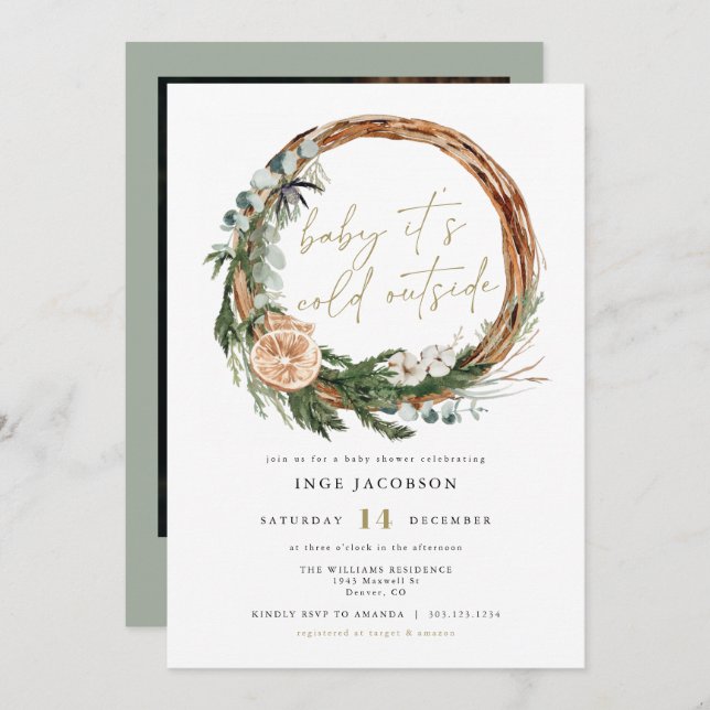 INGE Scandinavian Winter Wreath Baby Shower Invitation (Front/Back)