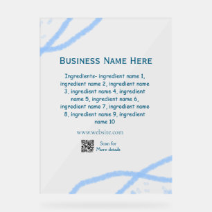Ingredients name add business name website QR code Acrylic Sign