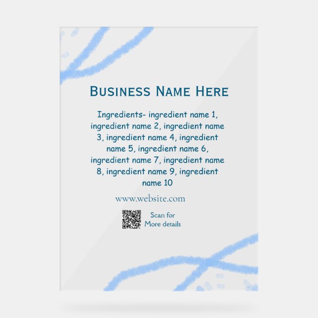 Ingredients name add business name website QR code Acrylic Sign (Front)