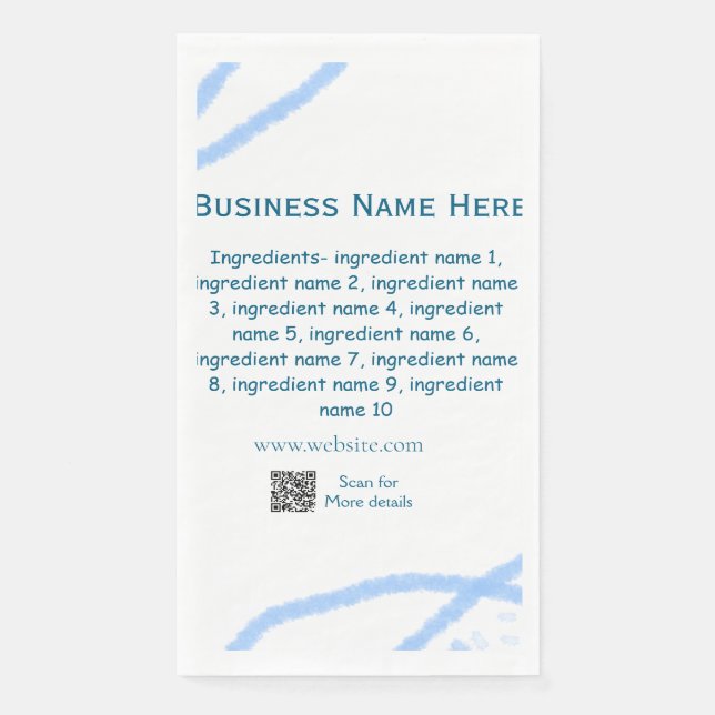 Ingredients name add business name website QR code Napkin (Front)