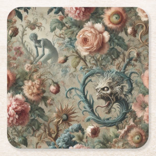 Inhabitable Doom – Gothic Victorian Floral Design Square Paper Coaster