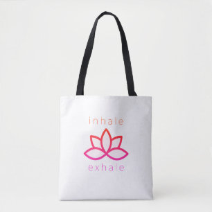 Inhale exhale yoga tote bag with lotus flower