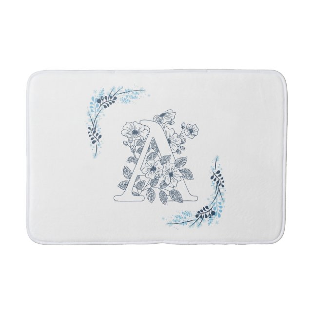 Initial "A" Blue Monogram Calm Floral Bath Mat (Front)