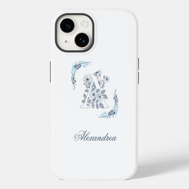 Initial "A" Blue Monogram Calm Floral Case-Mate iPhone Case (Back)