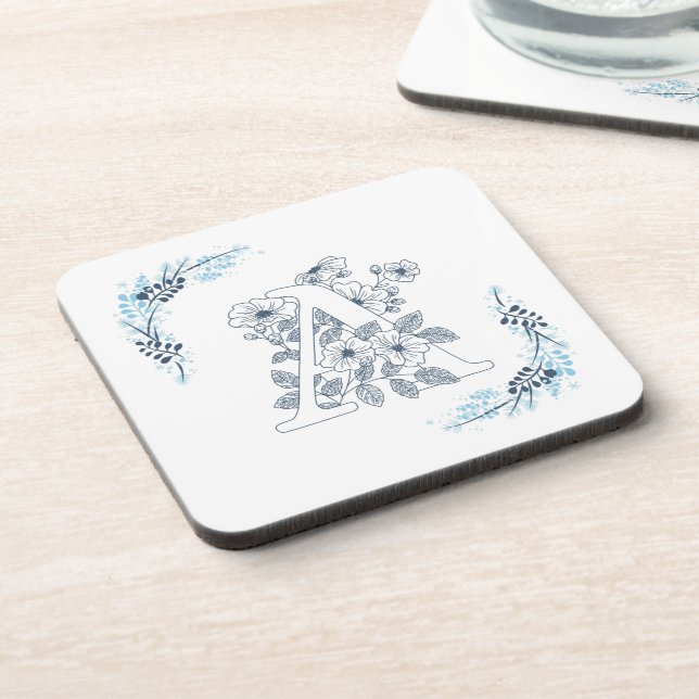 Initial "A" Blue Monogram Calm Floral Coaster (Left Side)