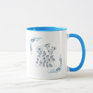 Initial "A" Blue Monogram Calm Floral Coffee Mug