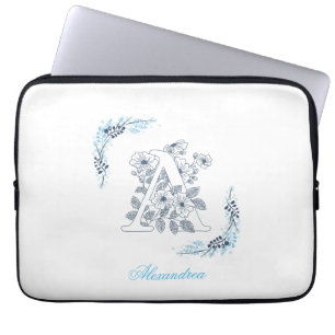 Initial "A" Blue Monogram Calm Floral Laptop Sleeve