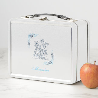 Initial "A" Blue Monogram Calm Floral Metal Lunch Box