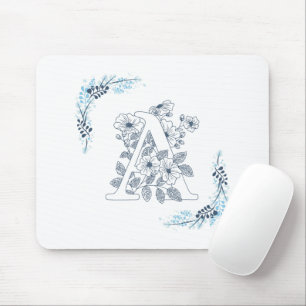 Initial "A" Blue Monogram Calm Floral Mouse Pad