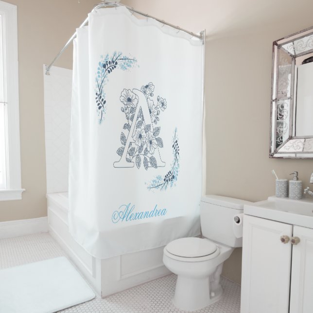 Initial "A" Blue Monogram Calm Floral Shower Curtain (In Situ)