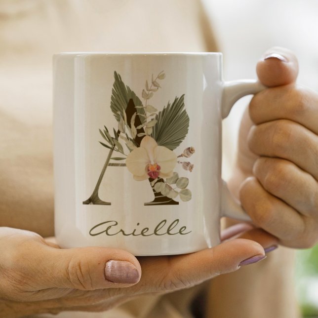 Initial A Boho Floral Orchid Greenery Custom Name Coffee Mug (Start your day with this lovely boho floral mug. Choose your initial and name for a personal touch.)